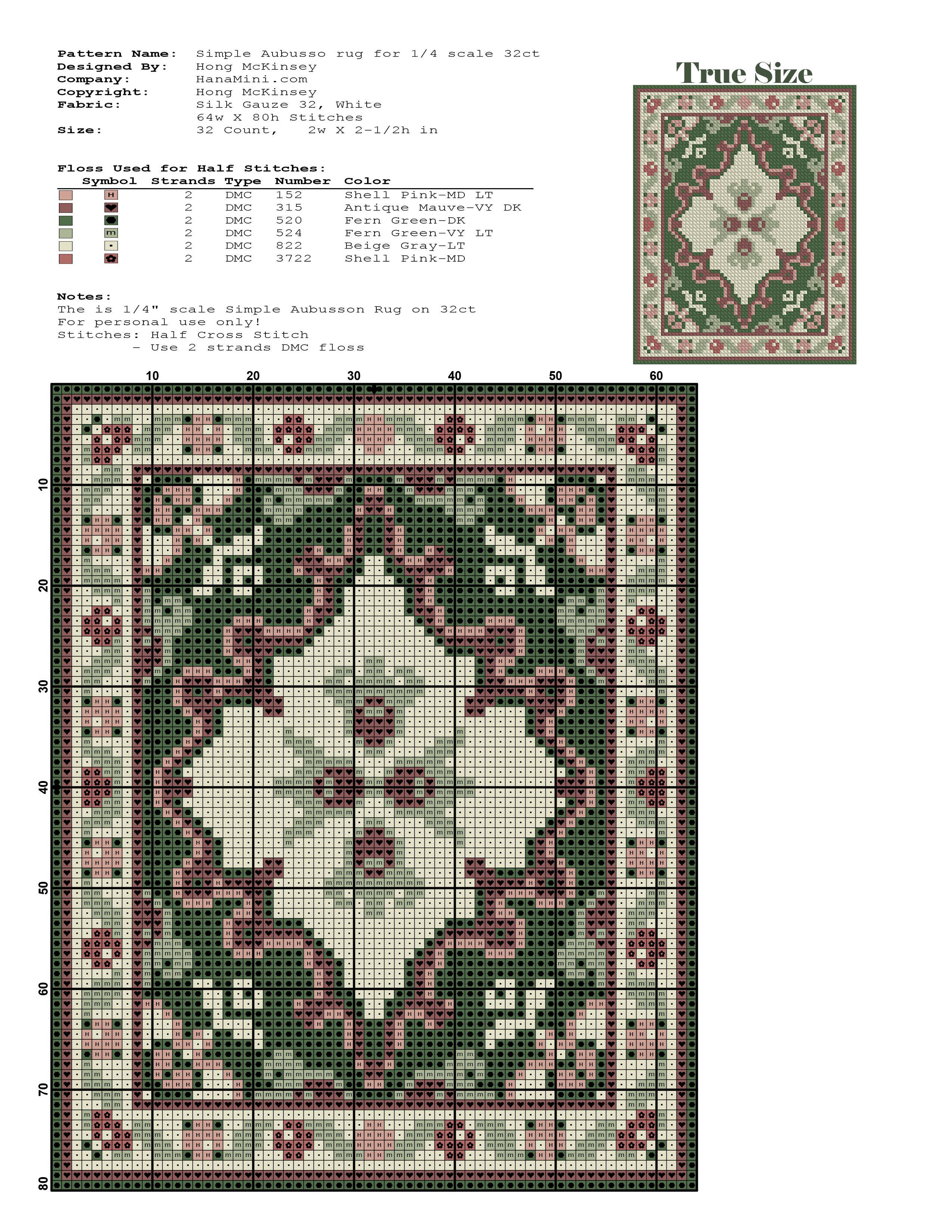 1/4" Scale Simple French style Aubusson Rug Pattern -Green